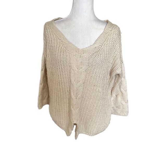 Ryu Women's Cable Knit Long Sleeve V-neck Pullover Sweater Tan Small to Medium - Picture 1 of 6